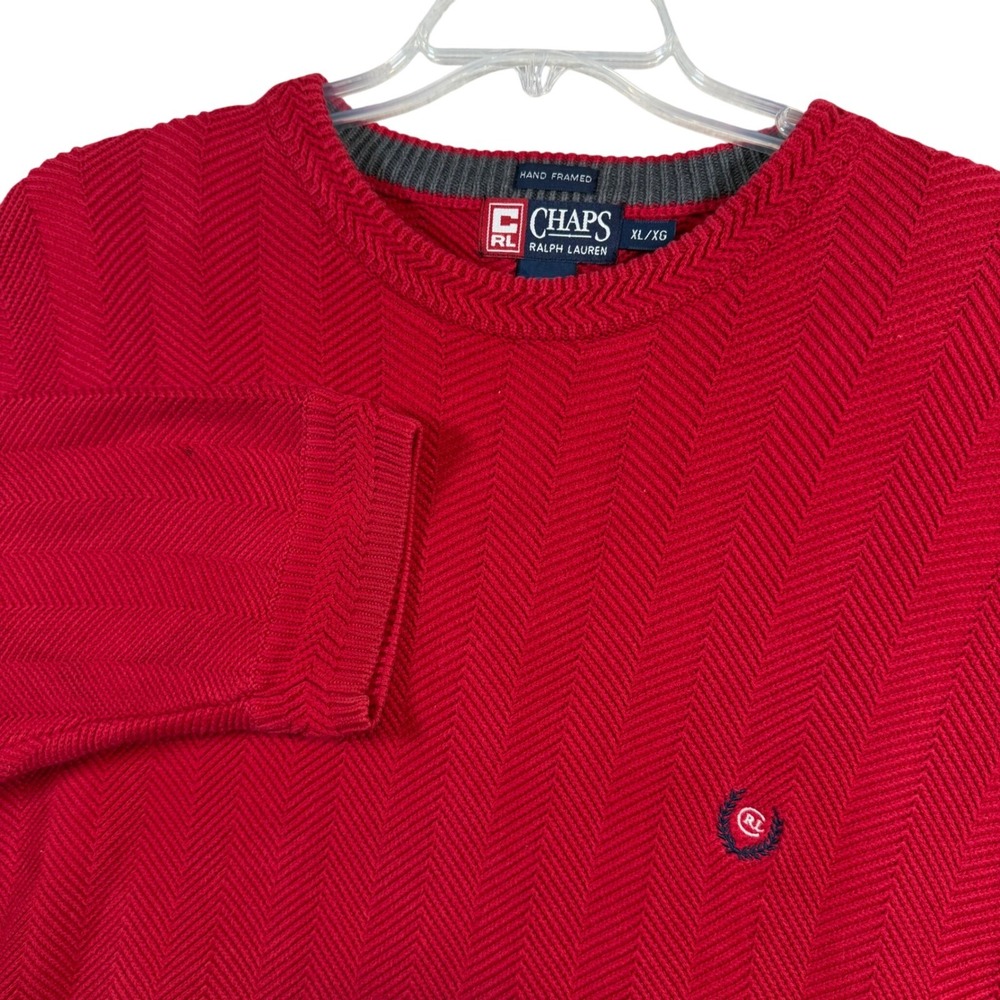 Chaps Ralph Lauren Red Herringbone Knit Sweater Mens XL Long Sleeve Crew Neck
